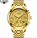Men's Watch LIGE Multi-Function Three-Eye Corrugated Watch - Gold