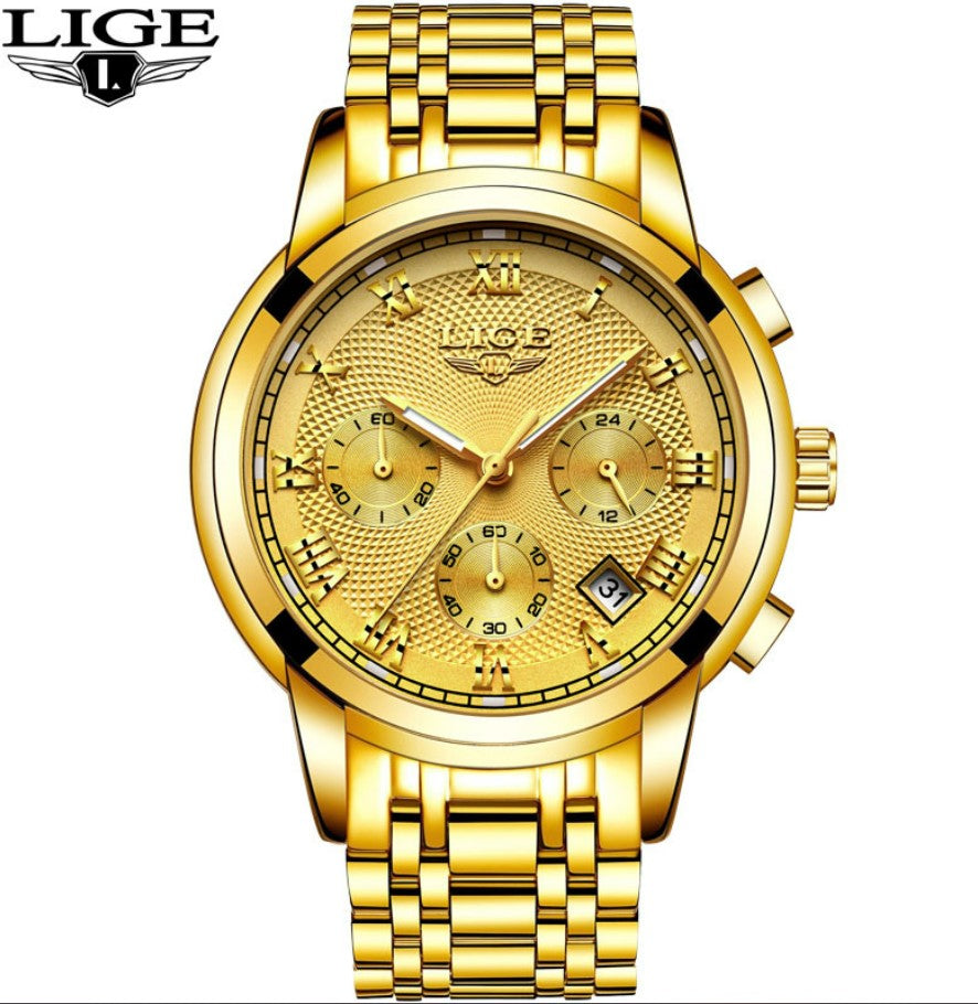 Men's Watch LIGE Multi-Function Three-Eye Corrugated Watch - Gold