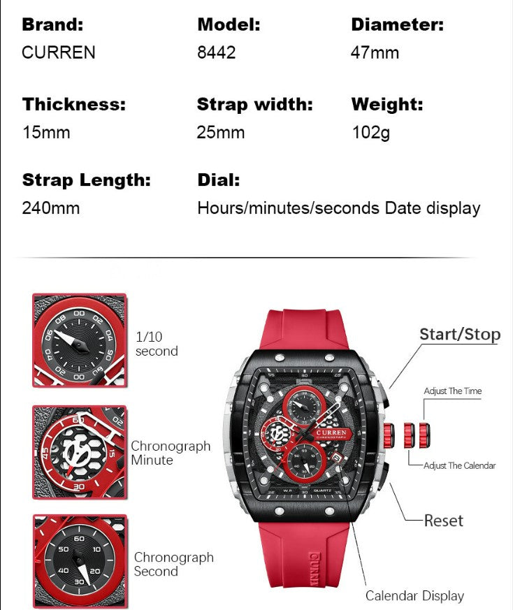 CURREN 8442 Men's Waterproof Six Needle Quartz  Multifunctional Watch Men's Watch - Red