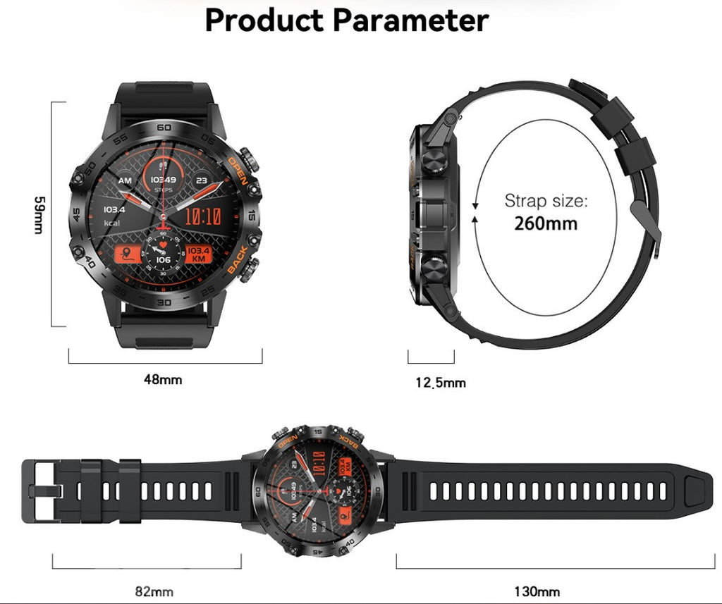 Smart Watch K52 Watches Men Wome Sports Fitness Modes Bluetooth Call Health Monitor 400mah 1.39Inch HD Smartwatch - Black
