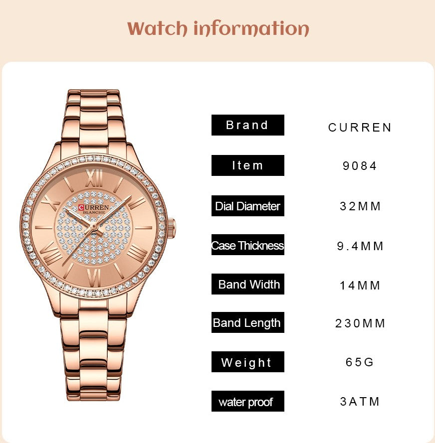 CURREN Ladies Watch Fashion Steel Band Watch - Rose Red