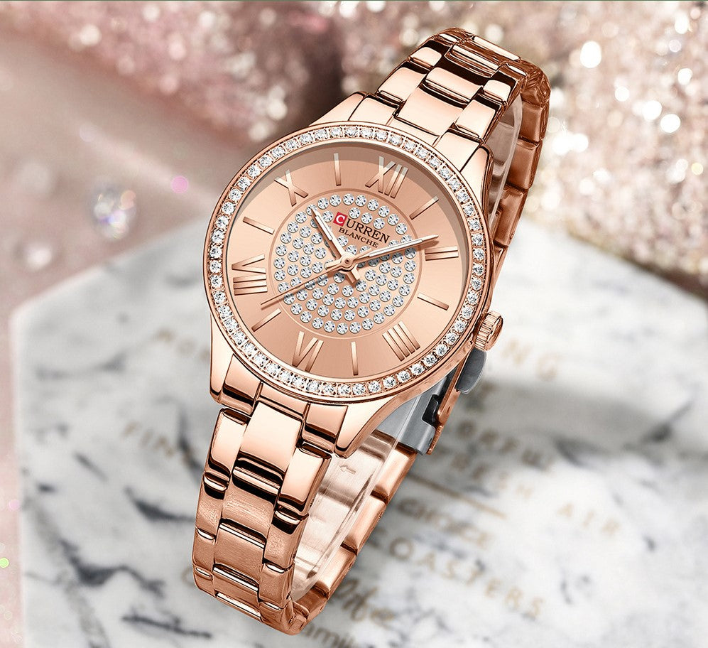 CURREN Ladies Watch Fashion Steel Band Watch - Rose Red
