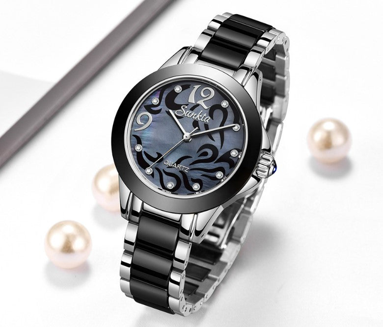 SUNKTA Explosive Ceramic Ladies Watch - Silver Black