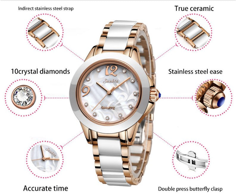 SUNKTA Explosive Ceramic Ladies Watch - Rose Gold White