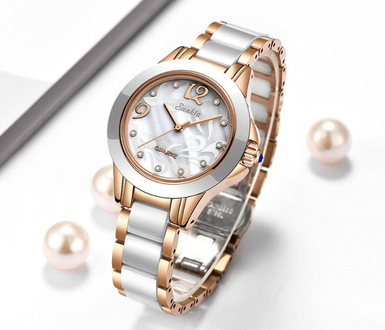 SUNKTA Explosive Ceramic Ladies Watch - Rose Gold White