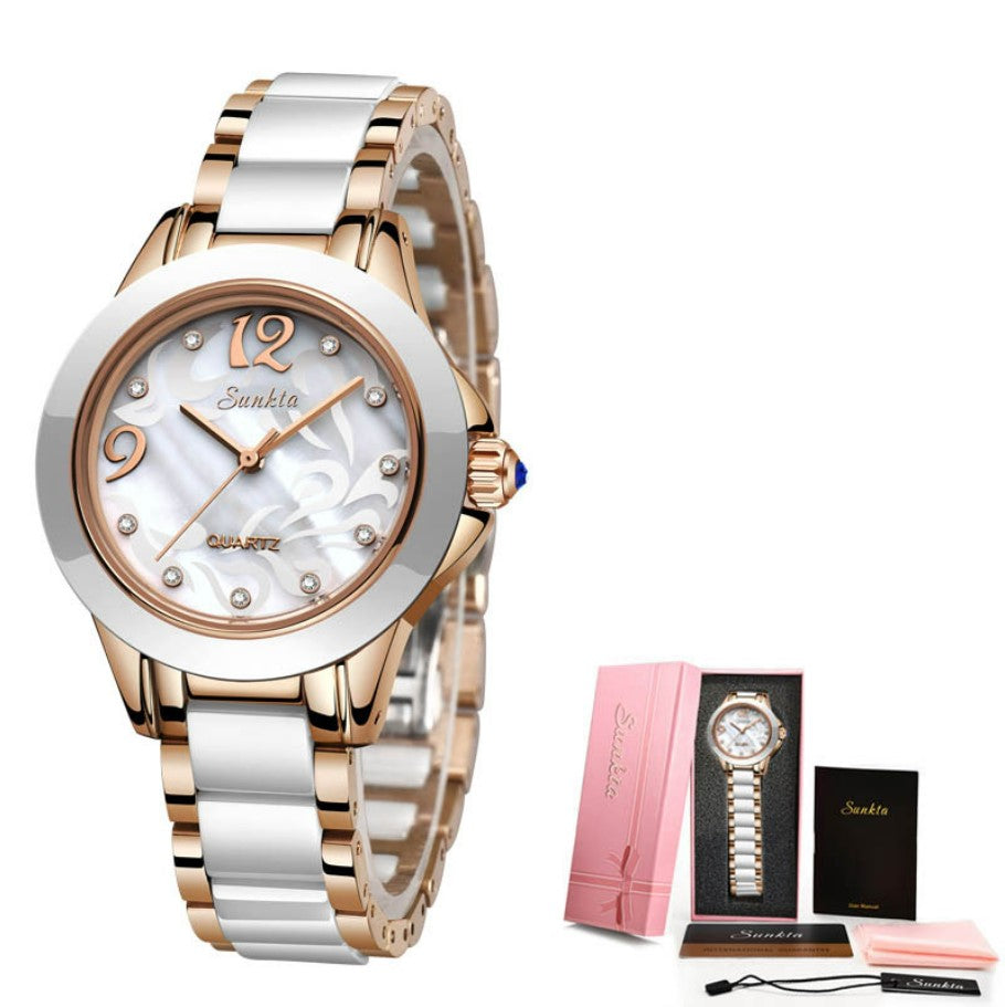 SUNKTA Explosive Ceramic Ladies Watch - Rose Gold White