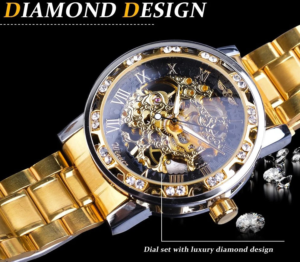 Winner Golden Watches Classic Rhinestone Clock - Golden