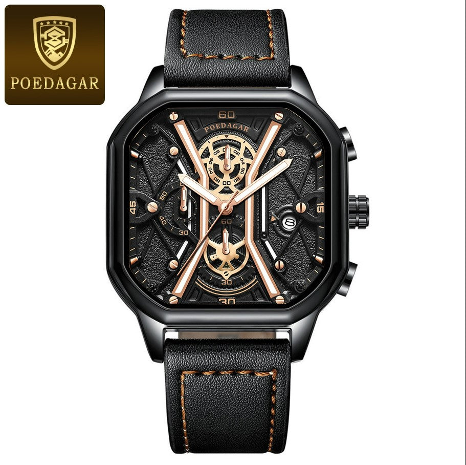 POEDAGAR Luxury Wristwatches Chronograph Leather Quartz Men's Watches - Black Gold