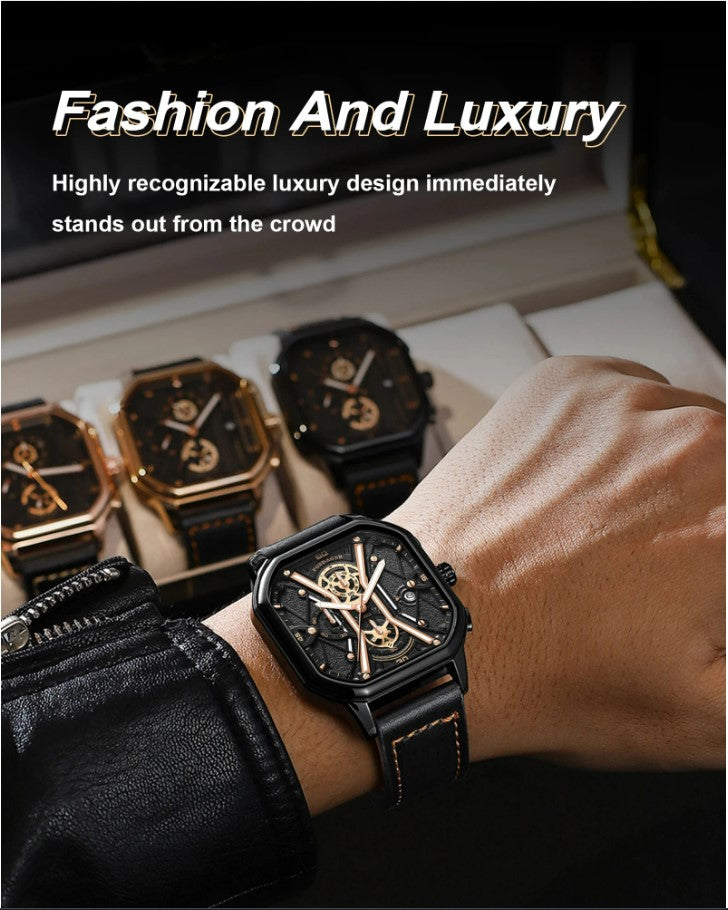 POEDAGAR Luxury Wristwatches Chronograph Leather Quartz Men's Watches - Gold
