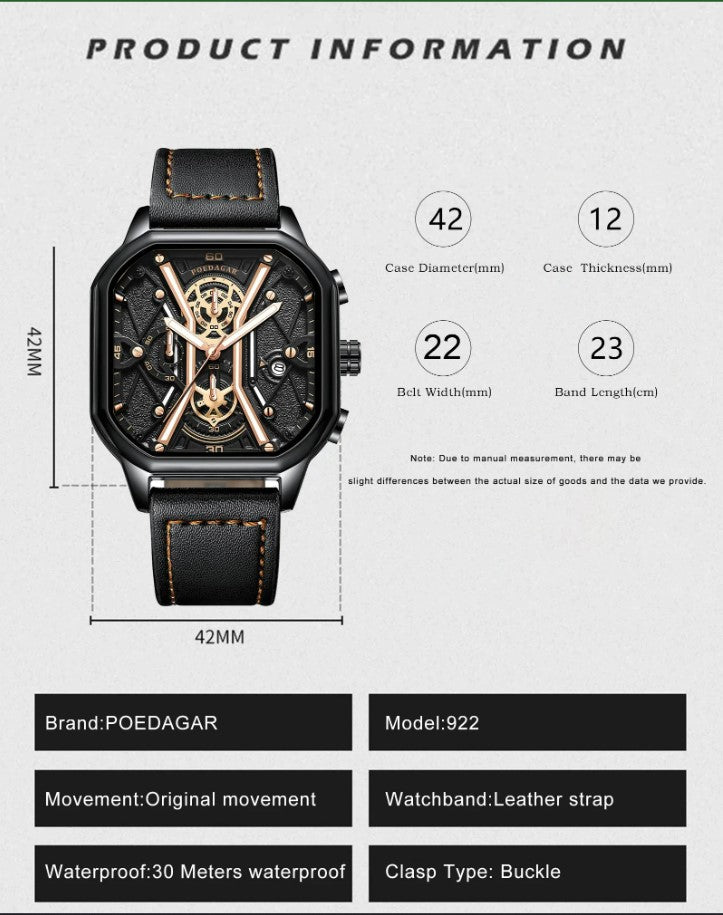 POEDAGAR Luxury Wristwatches Chronograph Leather Quartz Men's Watches - Gold