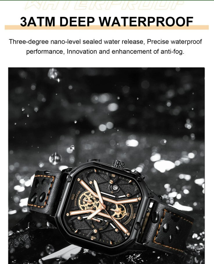 POEDAGAR Luxury Wristwatches Chronograph Leather Quartz Men's Watches - Gold