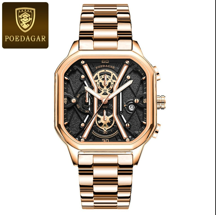 POEDAGAR Luxury Wristwatches Chronograph Leather Quartz Men's Watches - Gold
