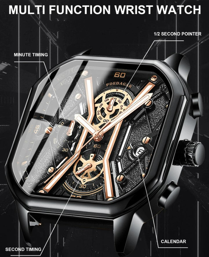 POEDAGAR Luxury Wristwatches Chronograph Leather Quartz Men's Watches - Silver