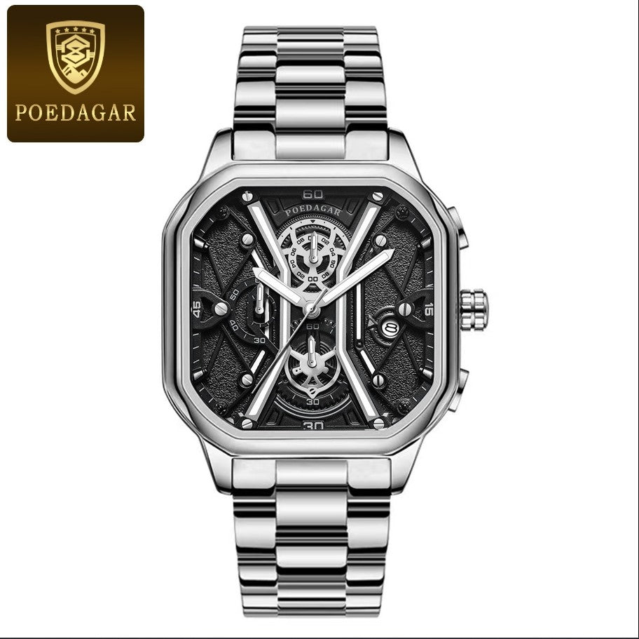 POEDAGAR Luxury Wristwatches Chronograph Leather Quartz Men's Watches - Silver
