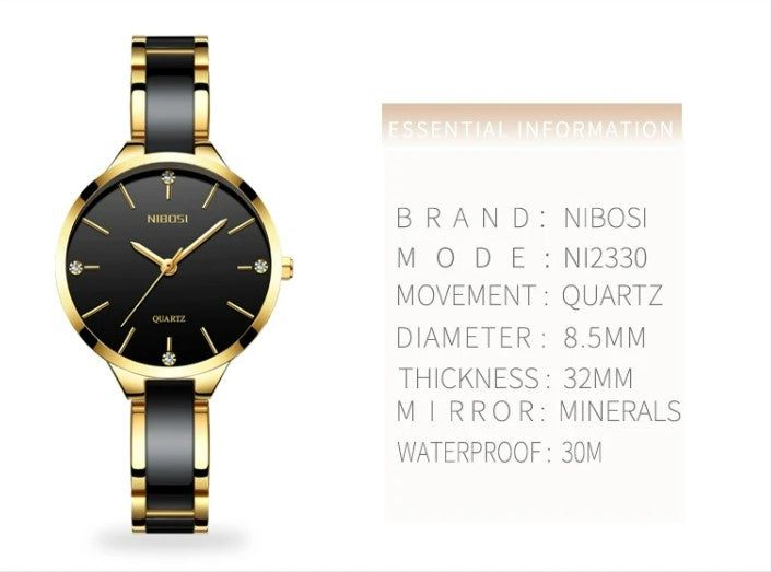 NIBOSI Luxury Ceramic Ladies Bracelet Watches - Gold Black