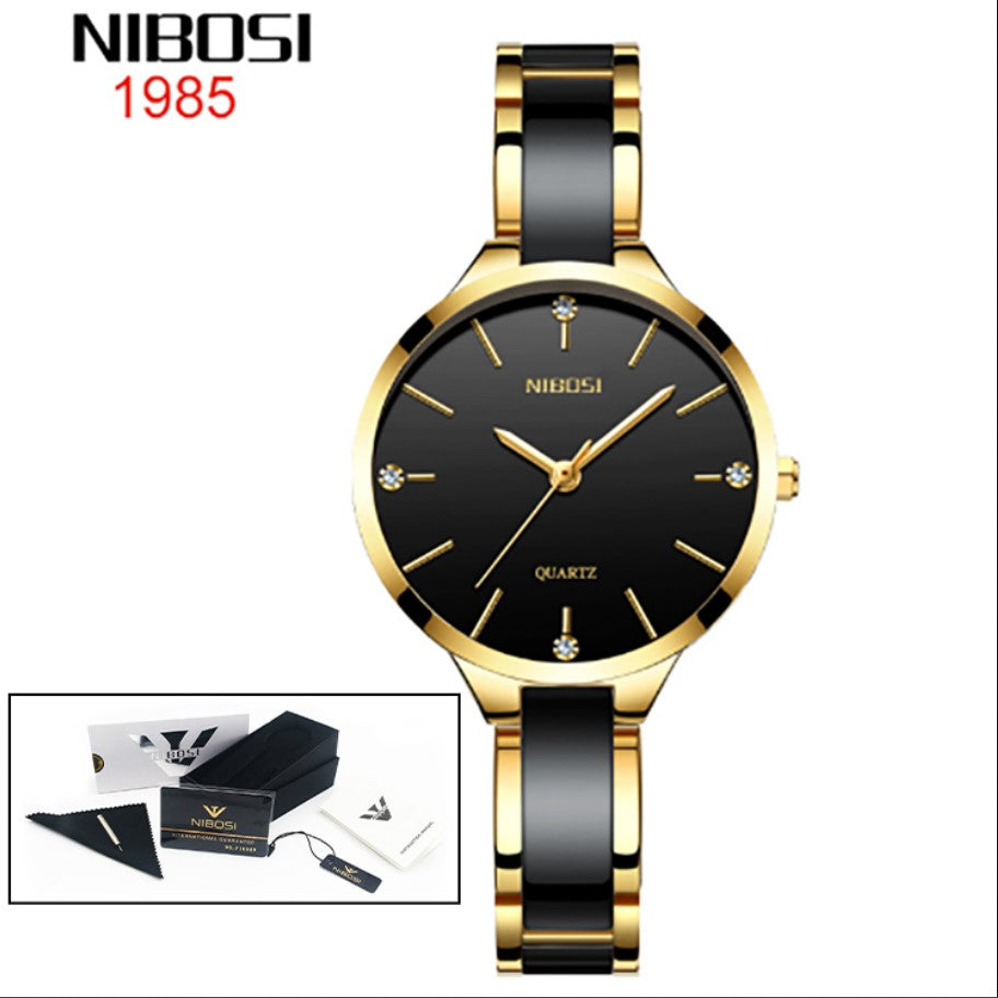 NIBOSI Luxury Ceramic Ladies Bracelet Watches - Gold Black