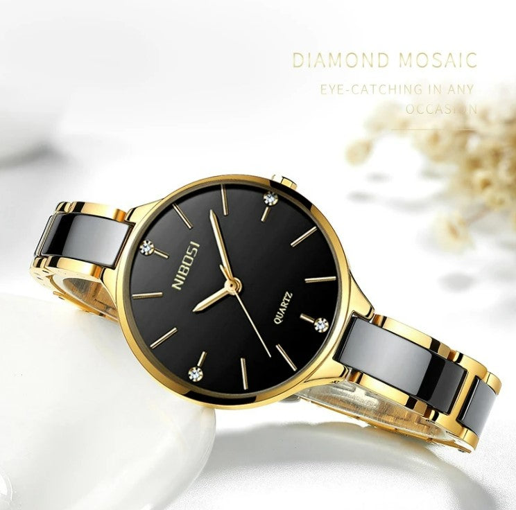 NIBOSI Luxury Ceramic Ladies Bracelet Watches - Gold Black