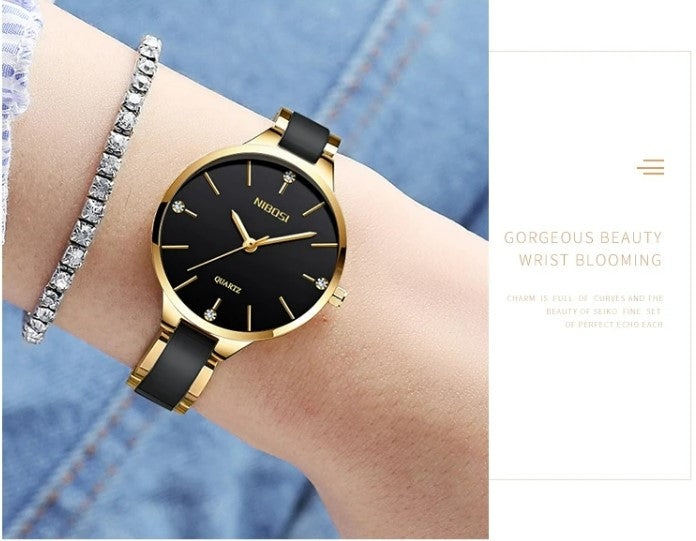 NIBOSI Luxury Ceramic Ladies Bracelet Watches - Gold Black