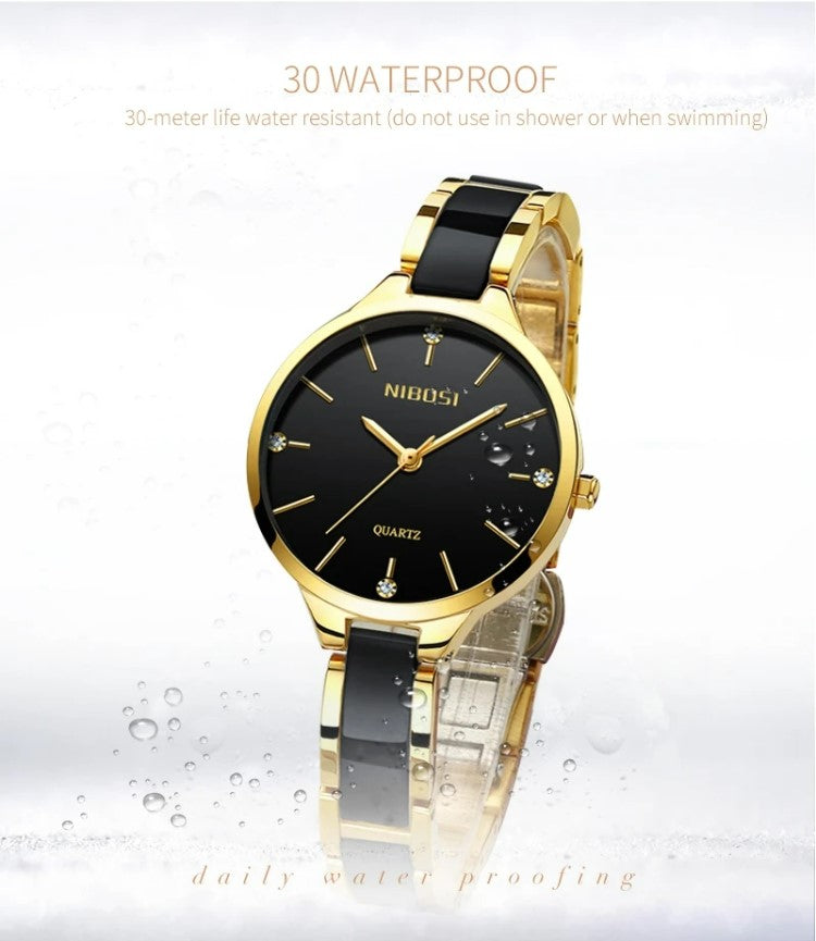 NIBOSI Luxury Ceramic Ladies Bracelet Watches - Gold Black