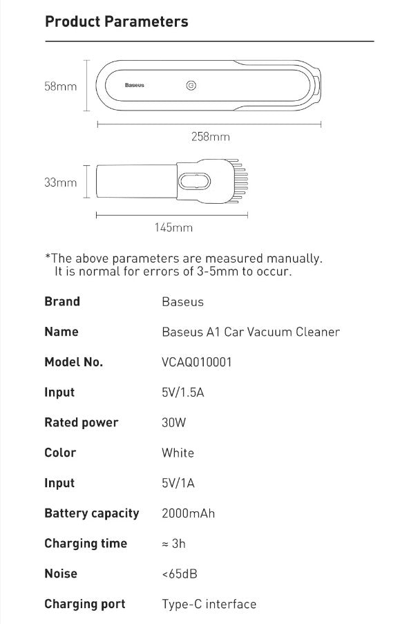 Baseus A1 Car Vacuum Cleaner 4000Pa Wireless Vacuum For Car Home Cleaning - Black